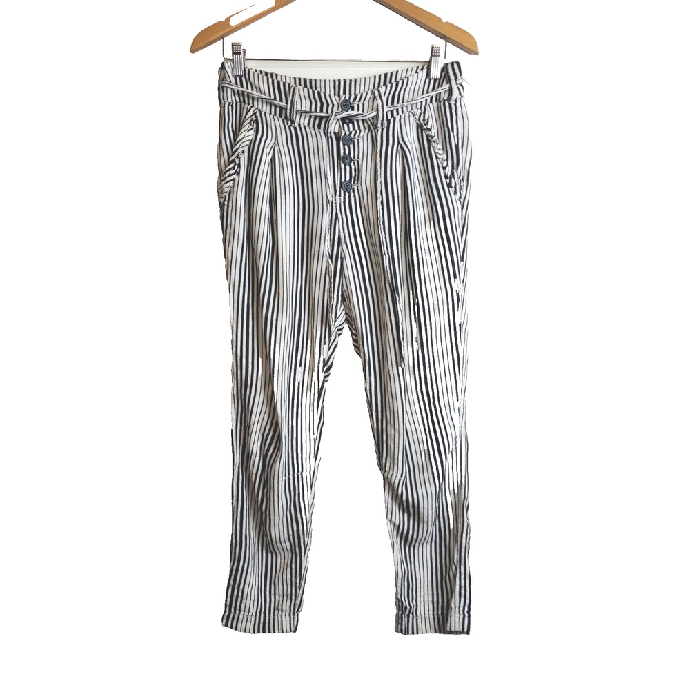 Free People 2 Women Pants Tapered High Rise Pleated Striped Straight White Black